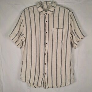 Katin Shirt Mens Large Tan Blue Striped Short Sleeve Cotton Linen Casual Beachy